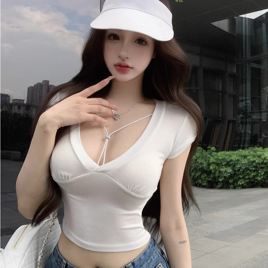 纯欲风v领短袖正肩T恤女夏季白色修身内搭辣妹紧身短款显身材上衣