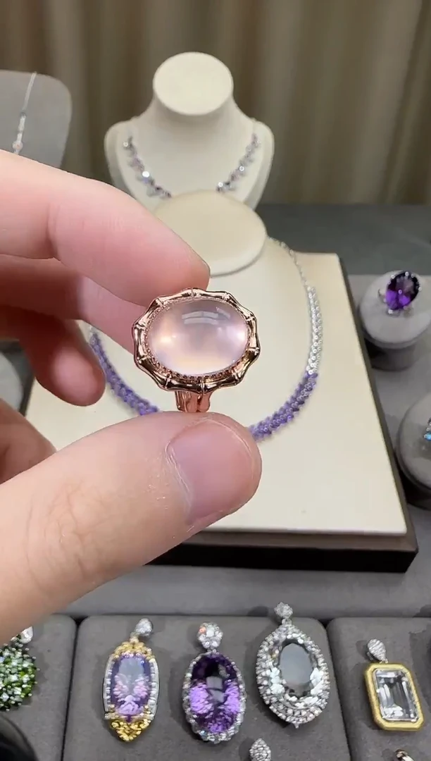 银S925镶嵌戒指芙蓉石11*13mm戒指星光粉水晶