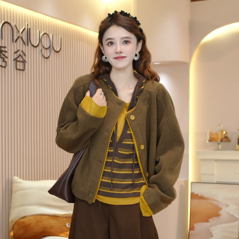 小香风洋气毛呢外套女2025秋季新款宽松显瘦百搭圆领拼接上衣3787