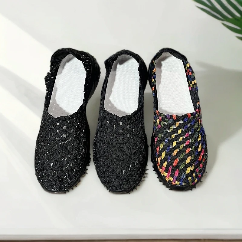 2025春夏新款高品质透气防滑轻软底耐磨手工编织鞋女士运动跑步鞋