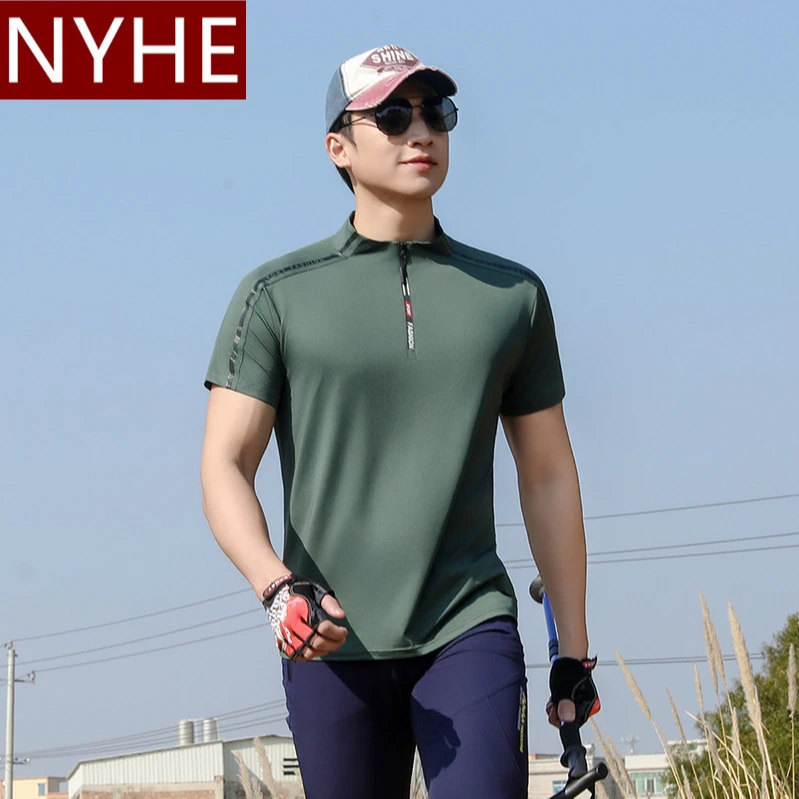 新款户外男士短袖速干衣立领透气吸汗T恤跑步运动徒步登山服夏潮