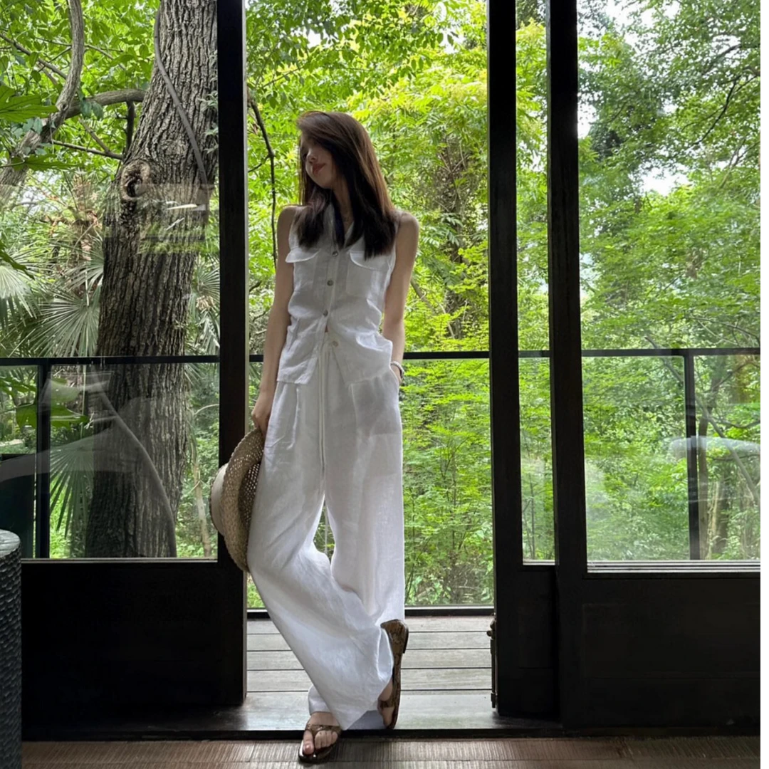 2025夏季新款时尚宽松阔腿长裤子韩版简约高级休闲风白色亚麻套装