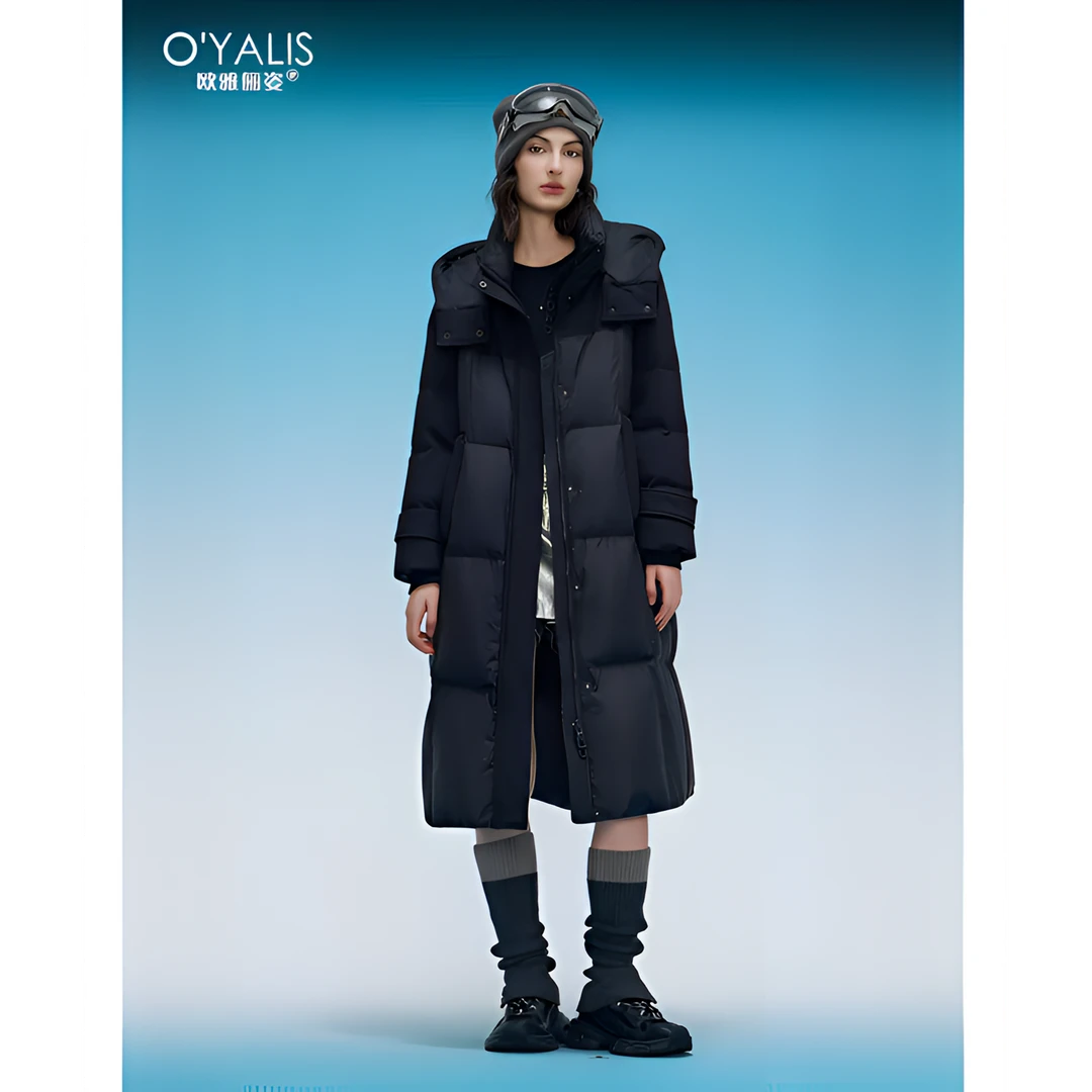 8828款长款运动时尚女士连帽中长款加厚保暖过膝冬季女款鹅绒服