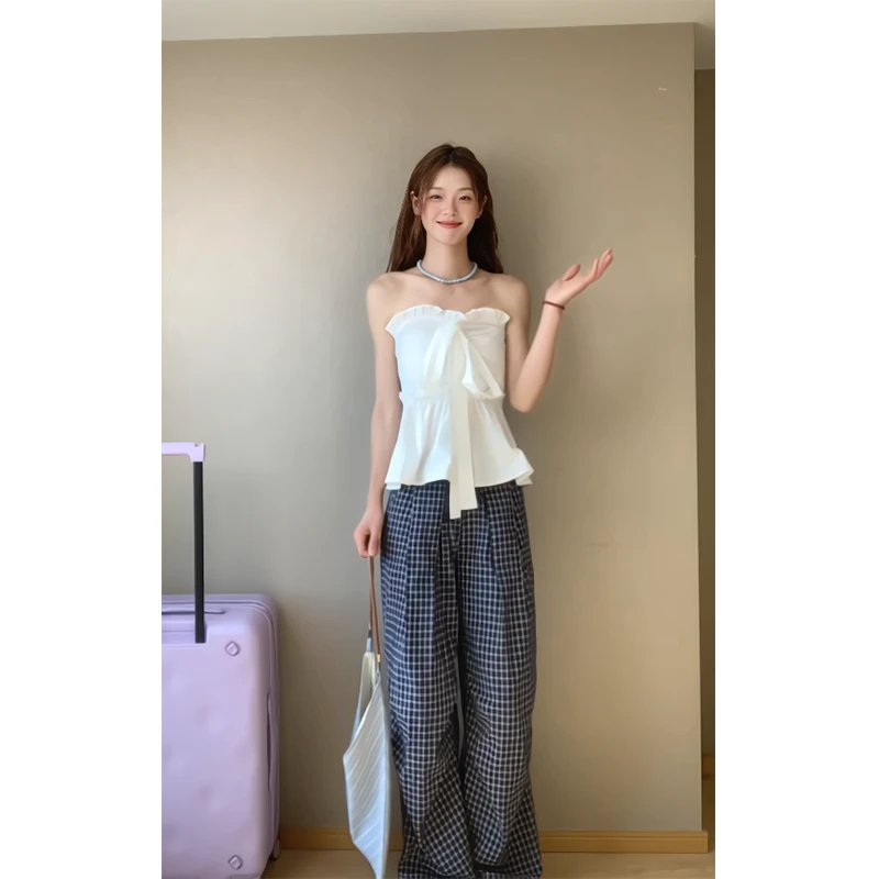 时尚穿搭女士夏季花边系带显瘦百搭小众韩版气质上衣格子休闲裤