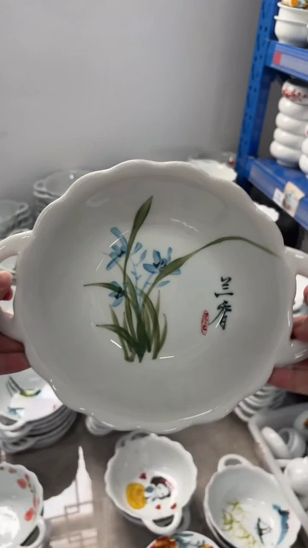 瓷片景德镇高温釉中彩- 双耳汤碗