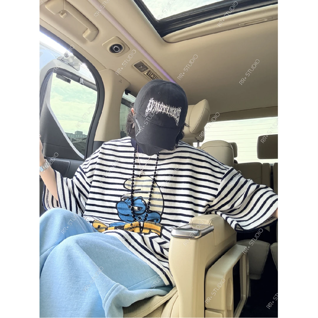 22995韩系卡通印花短袖T恤女百搭条纹拼色圆领上衣