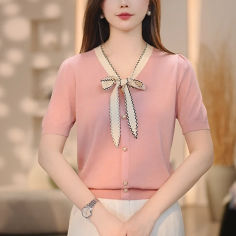香朵儿法式短袖蝴蝶结V领短袖针织衫女2025夏季新款温婉大方衣服