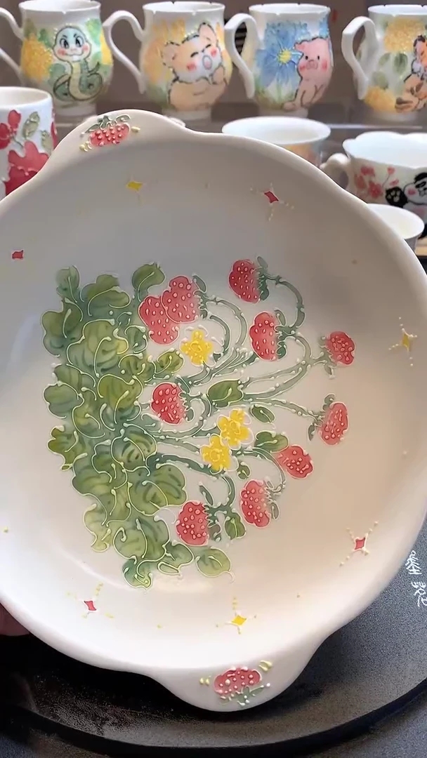 一味*手绘*双耳草莓盘