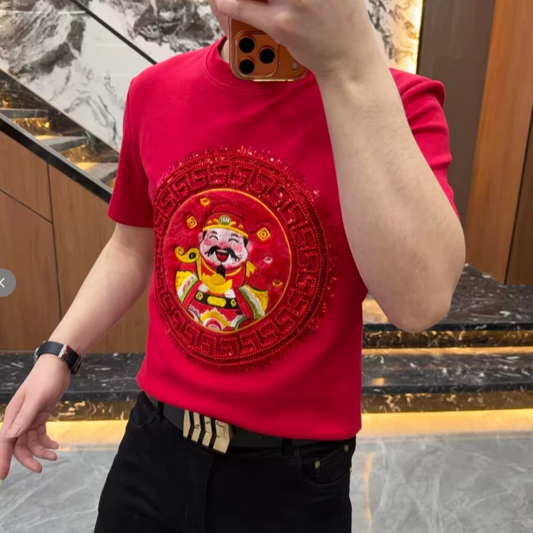 53610*秋冬新款财神爷时尚潮流休闲短袖男士百搭半袖