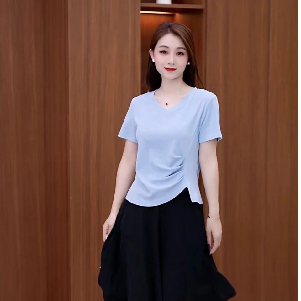 2025新款爆款女短袖T恤显瘦气质修身时尚夏季不规则上衣遮肚子