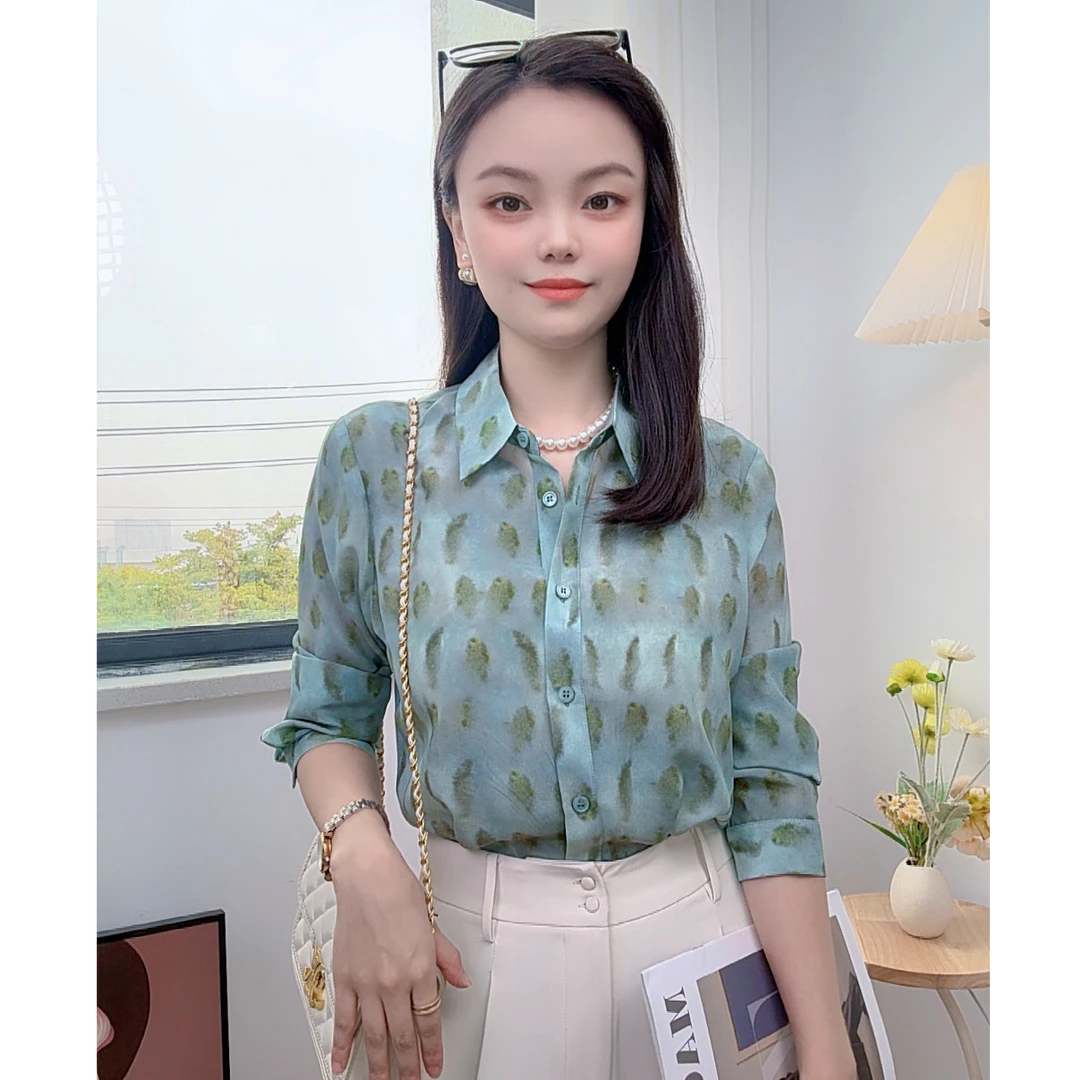 【灿灿】100真丝桑蚕丝双绉衬衫女长袖时尚印花百搭职业通勤上衣