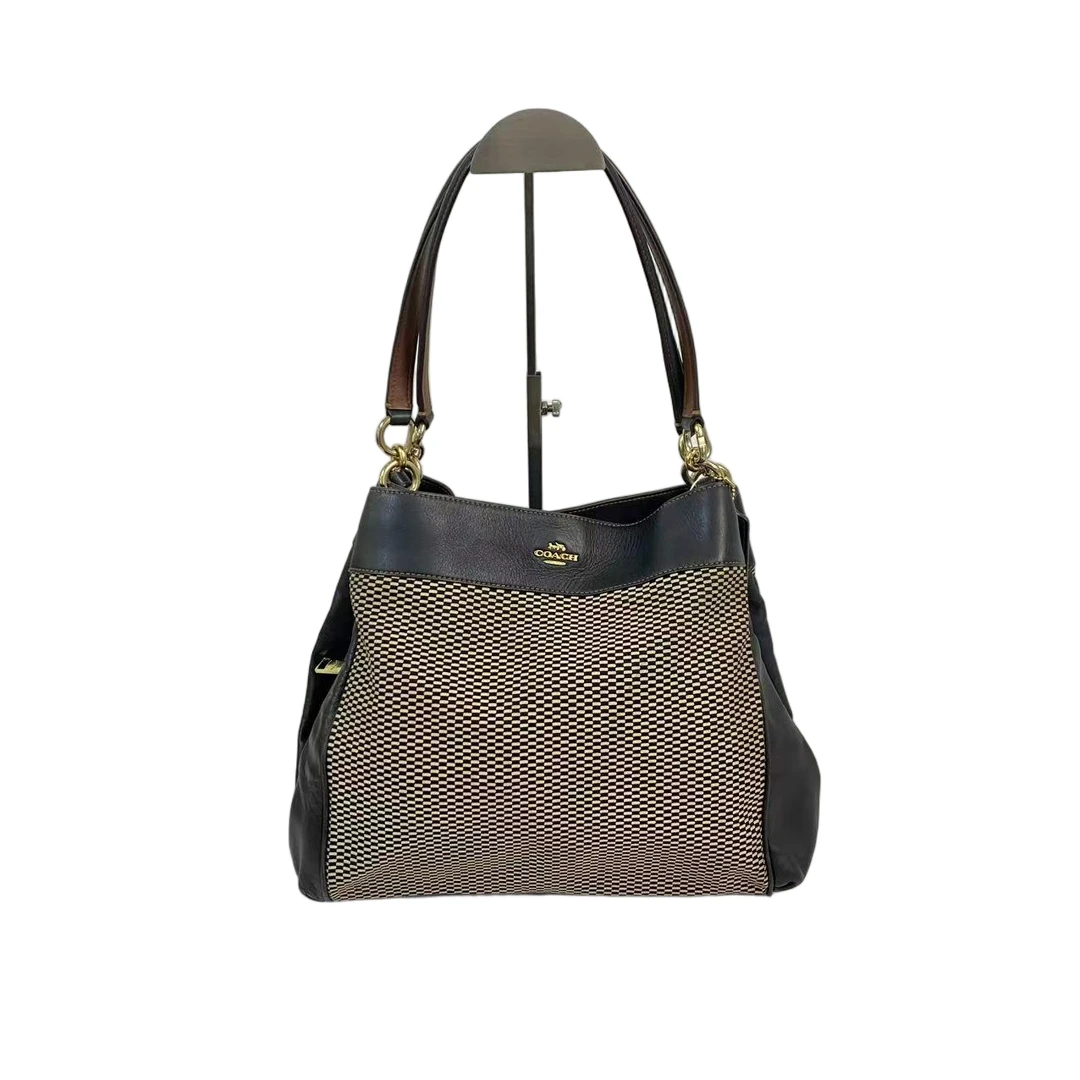 95新 COACH/蔻驰 帆布拼皮单肩手提包编织女士中古黑色XY-60209
