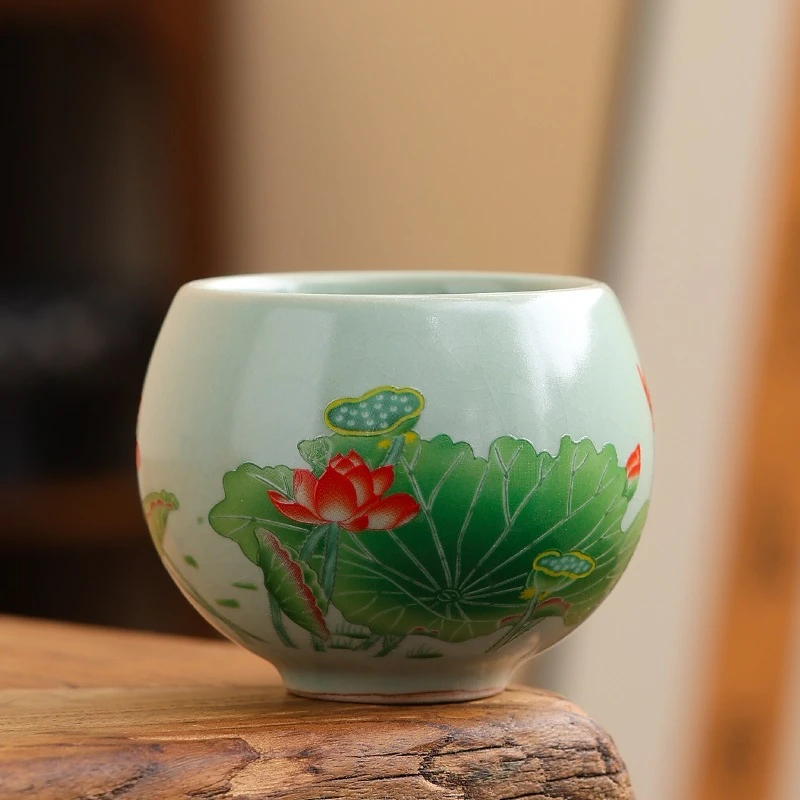 九鯉戏荷莲铜钱杯开片可养扒花汝窑主人杯家用