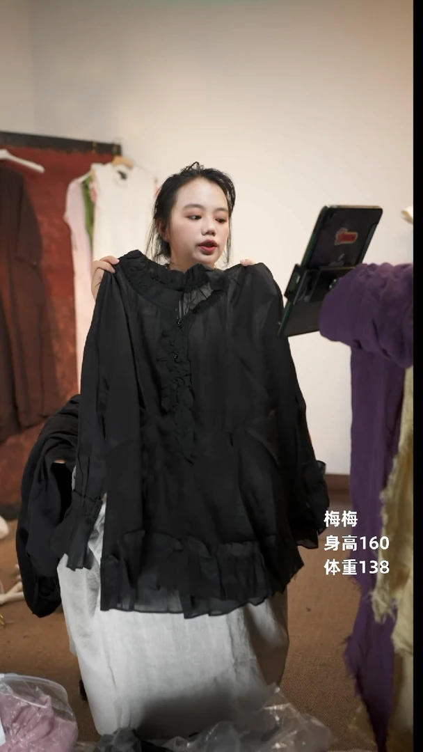 套头苎麻系带黑色上衣