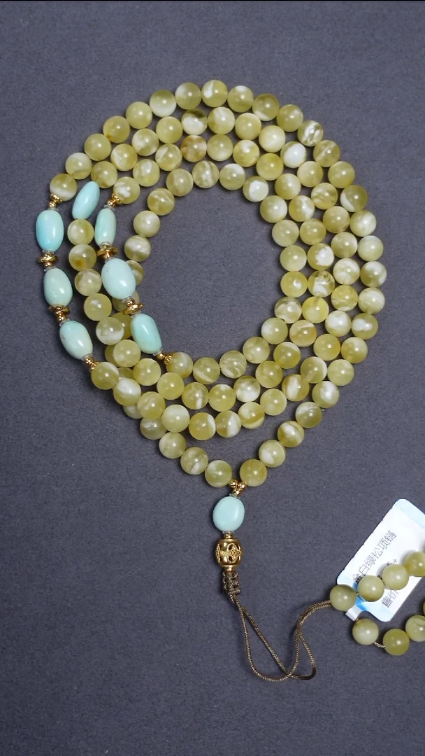 蜜蜡颈饰未镶嵌金白绿松108项链6mm