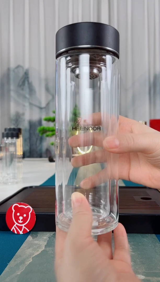 高硼硅玻璃茶隔款希诺双层玻璃杯400毫升9101黑色礼盒装