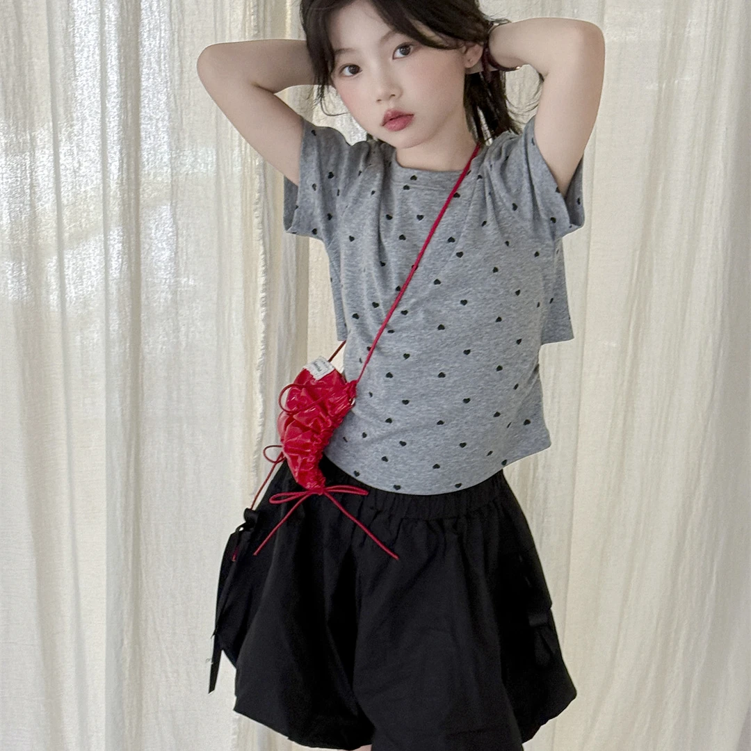 【童伢~儿童休闲灰色波点短袖+洋气花苞裤】100-160尺码