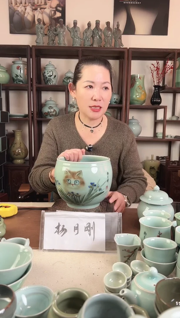 釉中彩 猫画 风水缸L