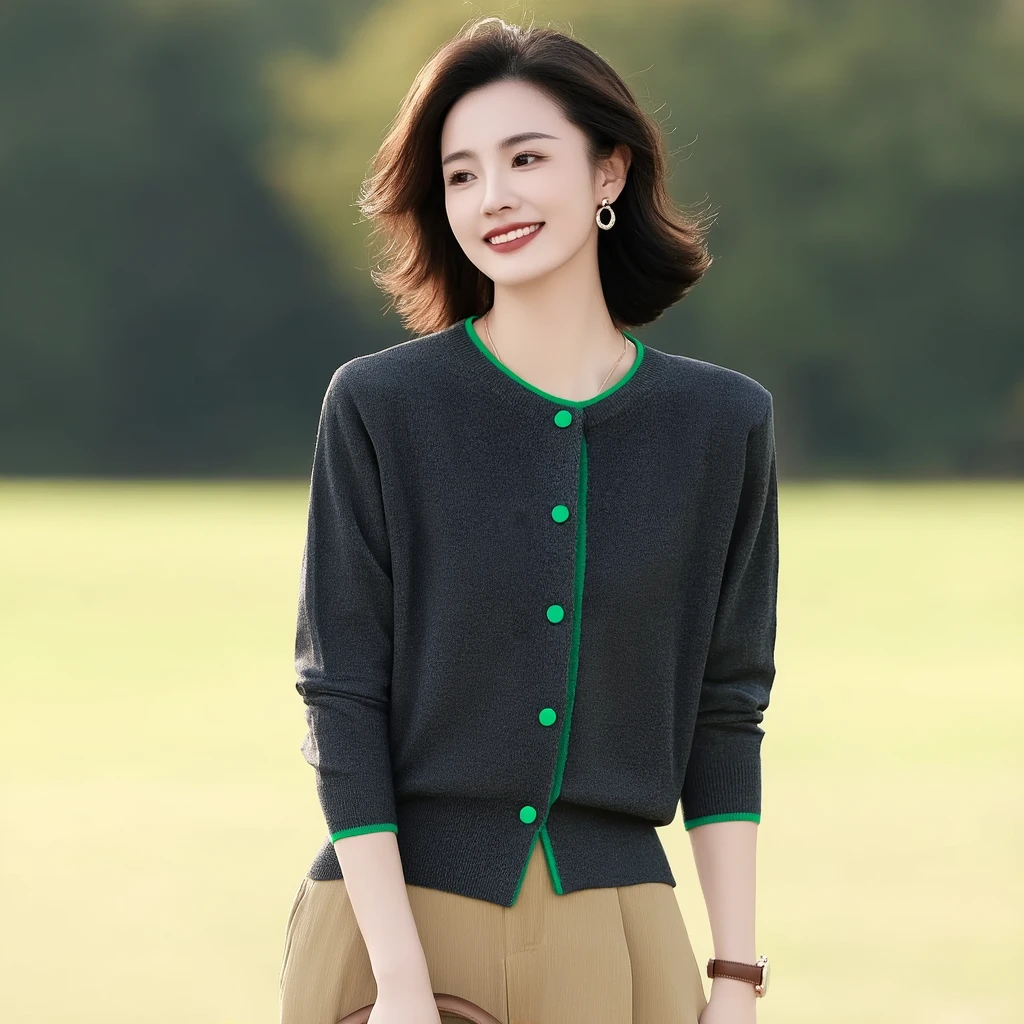 时尚圆领撞色针织开衫女士秋冬新款宽松显瘦百搭长袖毛衣外套