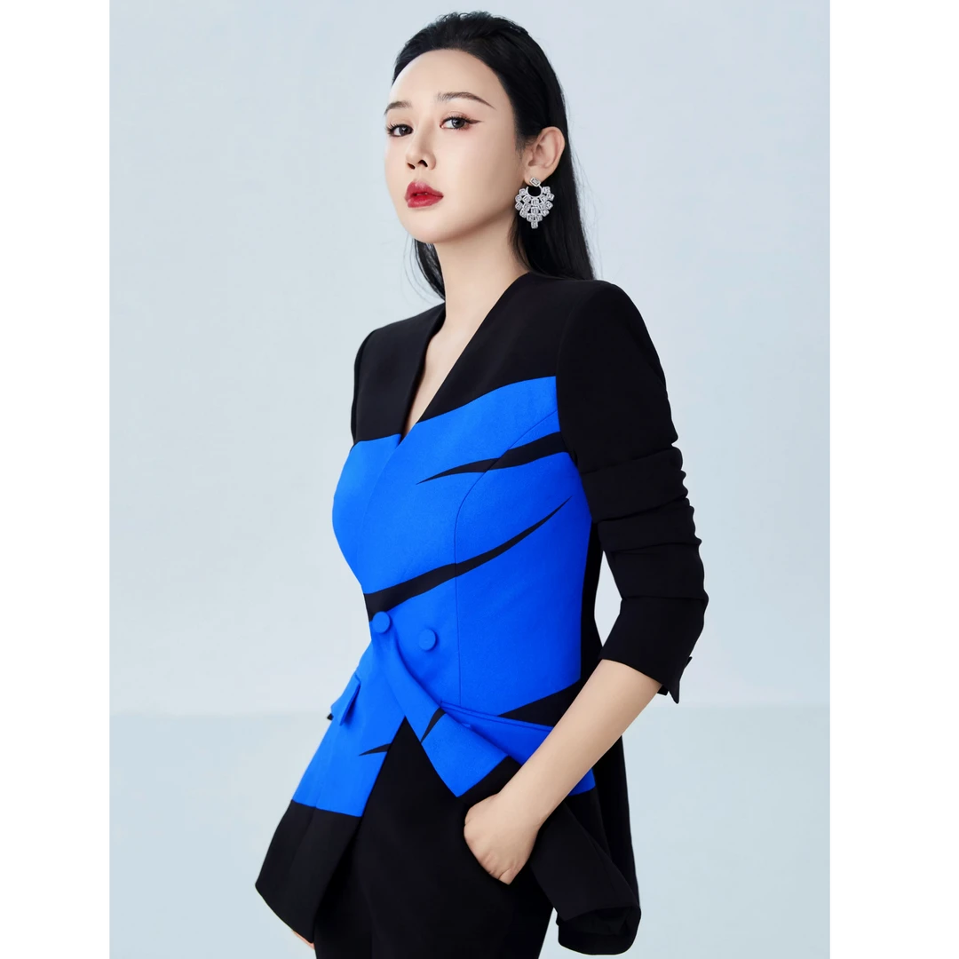 LADYPOWER宝蓝色印花深V立领斜摆双排扣西装 73341A/F