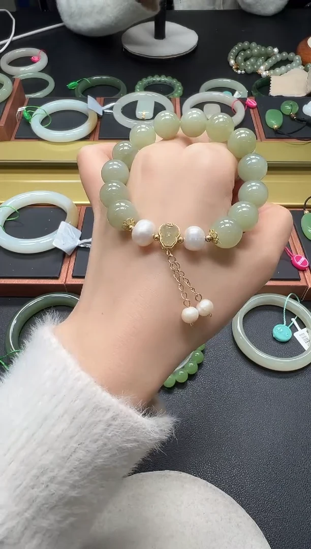 银S925镶嵌手串和田玉晴水珍珠手串 多样性发一12mm/8*5*2