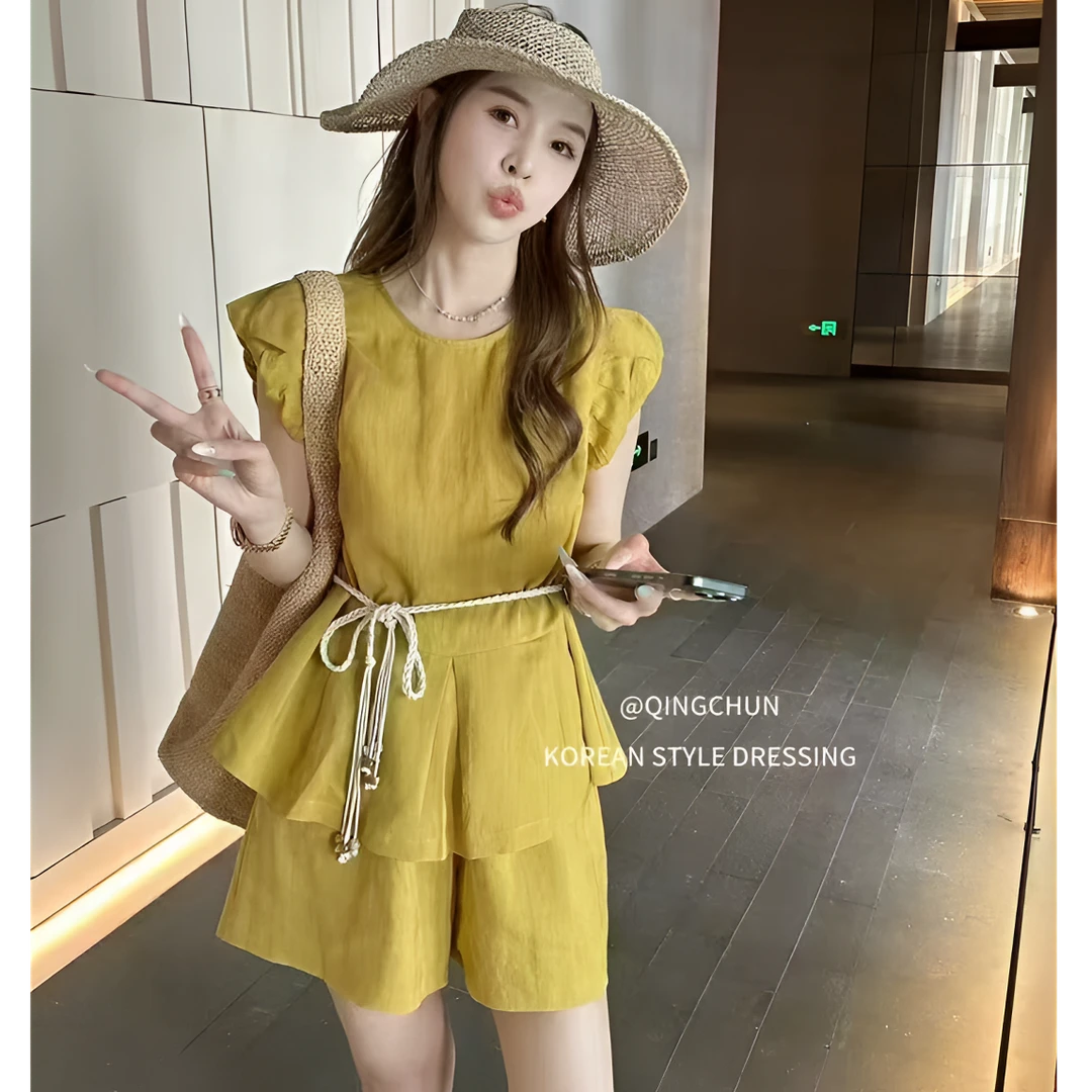 2520【衣长56裤长40】时尚新款系腰飞飞袖显瘦洋气上衣休闲两件套