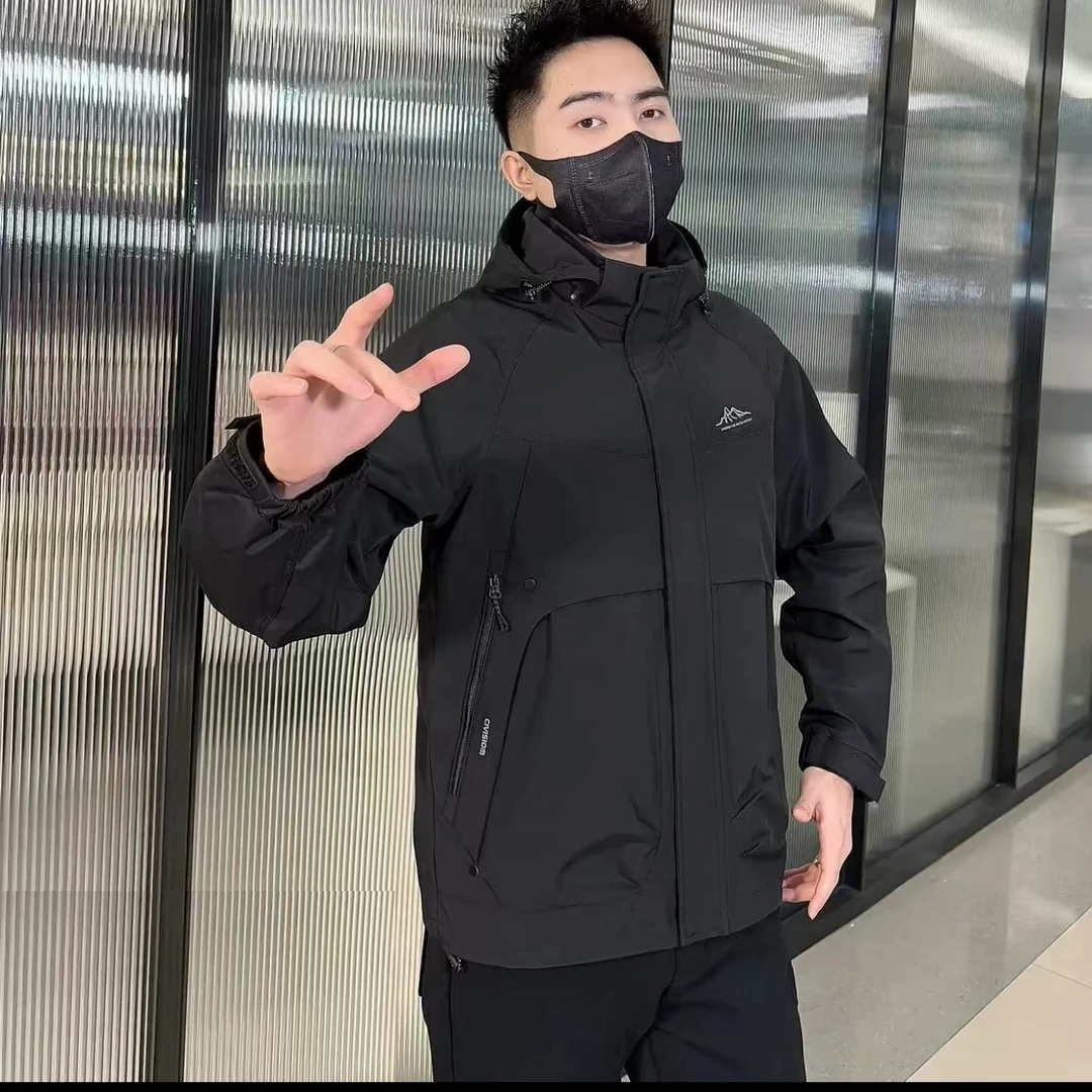 新款男士连帽大口袋运动冲锋衣外套显瘦黑色夹克