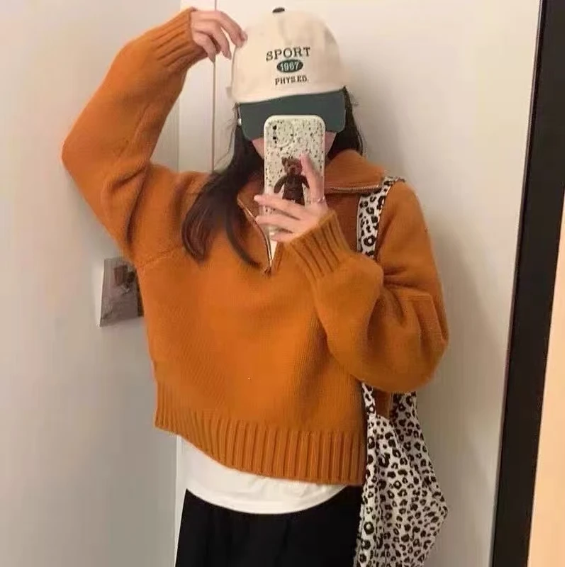 翻领设计感半拉链套头毛衣女秋韩系立领宽松针织衫爆款通勤外穿