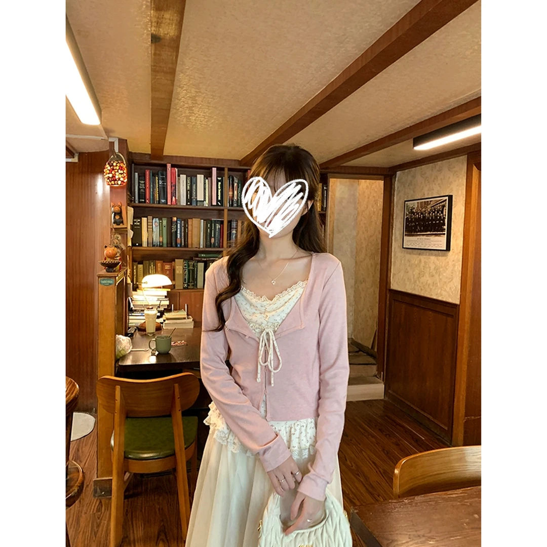 甜美风蕾丝拼接碎花吊带纯色开衫两件套Q 9522#