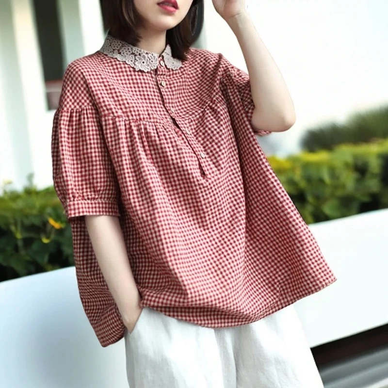 GiftPalm百搭夏棉麻短袖衬衫大码女装胖mm格子蕾丝钩花亚上衣宽松