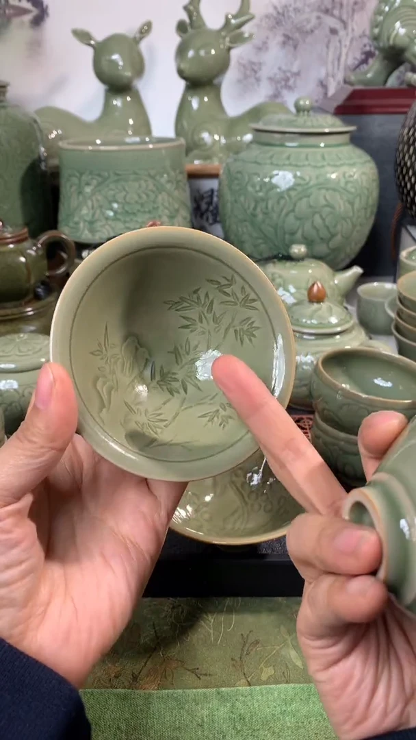 现代耀州窑微瑕青瓷刻花梅兰竹菊四只斗笠一组