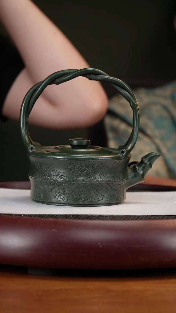 茶壶紫砂30ZKXZCP扁竹提梁 可心绿泥340cc