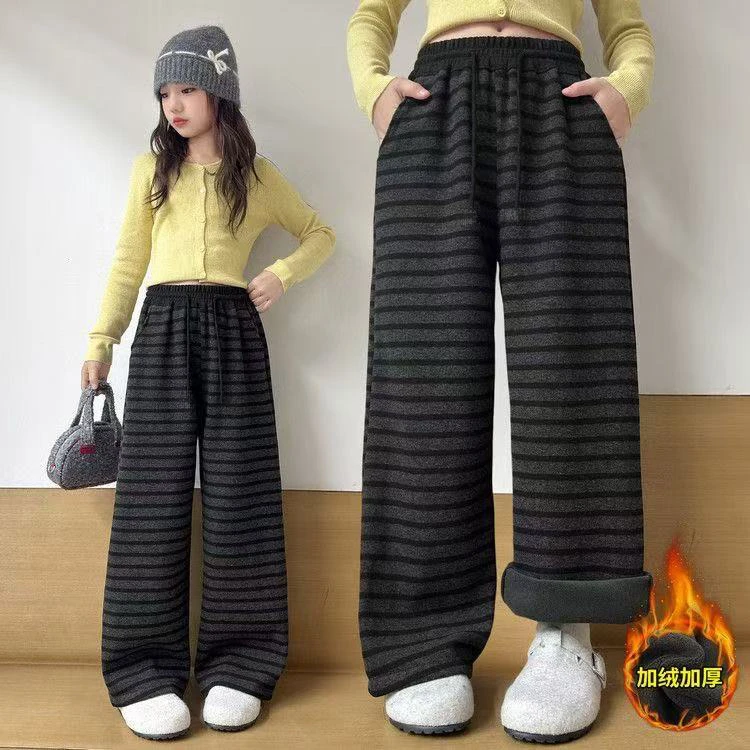 2025春秋新款韩版女童糯米条纹加绒筒裤宽松阔腿裤中大童裤子