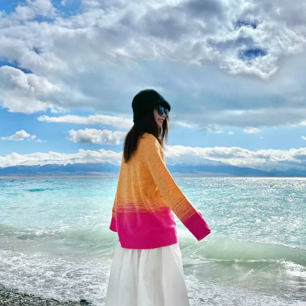 未使用 Hermes/爱马仕 Hermes 针织长袖撞色毛衣 黄粉M