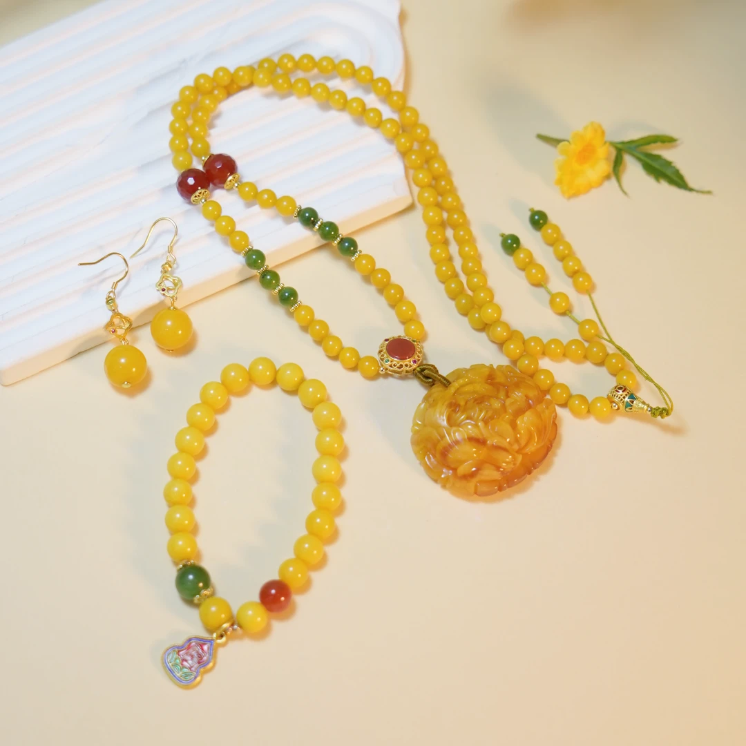 【厚爱公主专享】琥珀蜜蜡牡丹花项链+耳环+手串 多样性发一