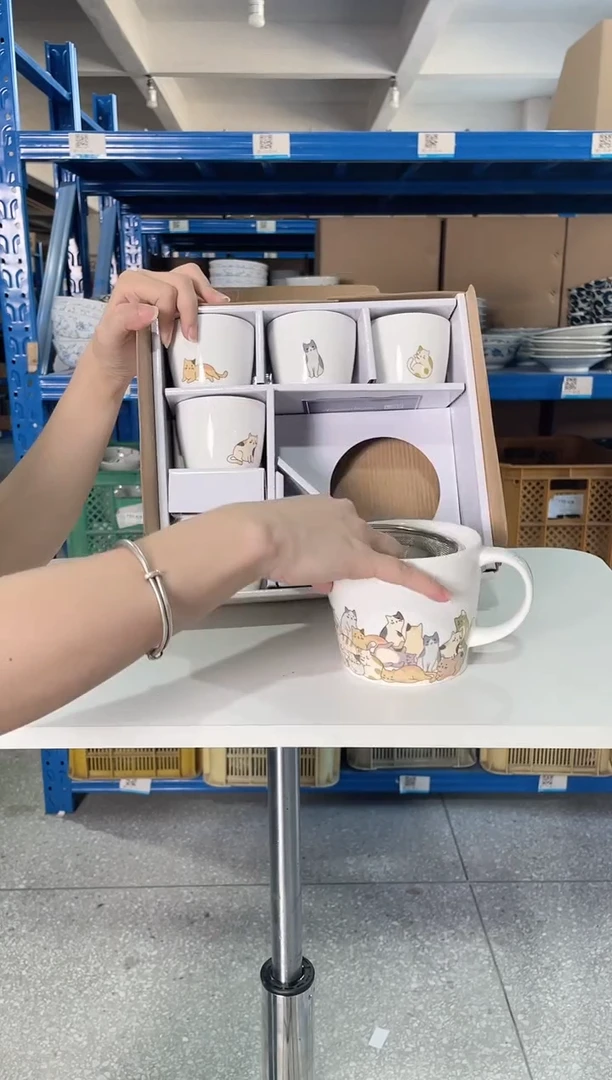 陶瓷懒猫茶具套装一壶五杯