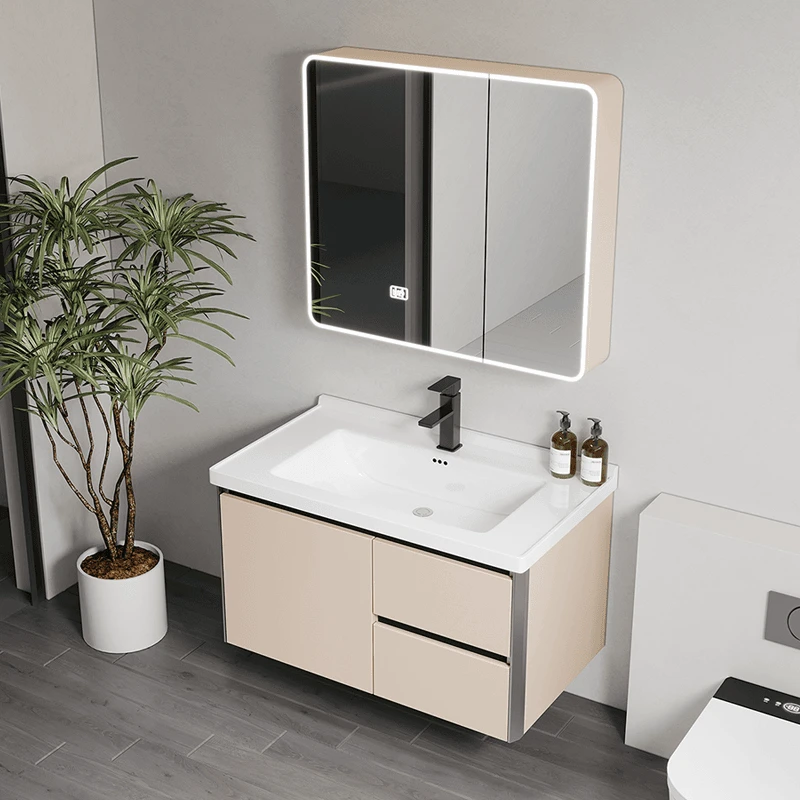 卫生间卡其双抽屉浴室柜陶瓷一体盆卫浴柜洗手台盆柜组合洗漱台盆