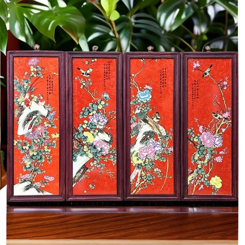 景德镇柴窑瓷板画花鸟胭脂红四条屏客厅边框高55宽21老子画像挂画
