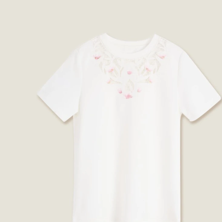 新款时尚简约设计白拼粉色镂空chic短袖T恤OK0343