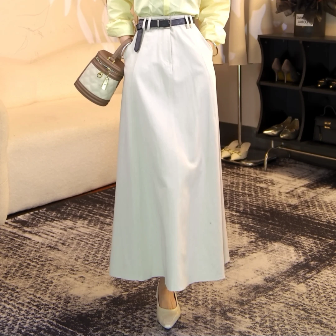 [欣欣]2025中长款牛仔半身裙女高腰A字大摆OL过膝伞裙百褶长裙