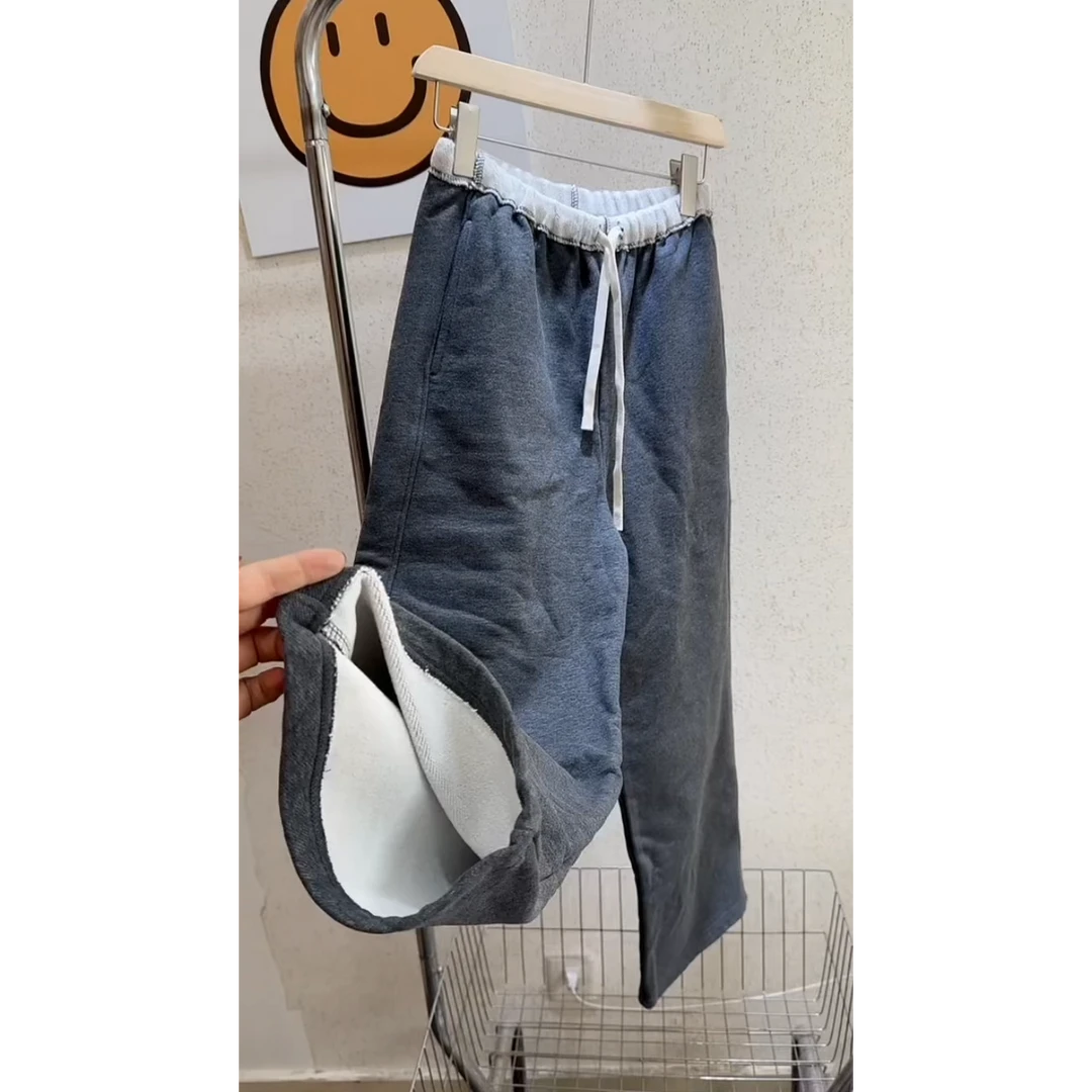 撞色拼接加绒休闲阔腿裤女2025秋冬加厚垂感显瘦通勤百搭直筒裤