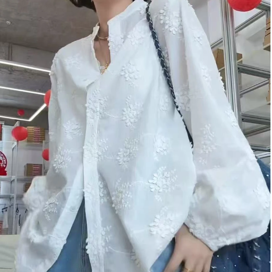 2025插肩袖长袖纽扣衬衫上衣百搭女士连衣裙提花XX88678