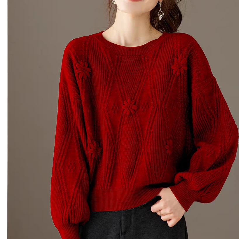 【静姐家】1106红色针织花朵设计女灯笼袖圆领套头针织上衣