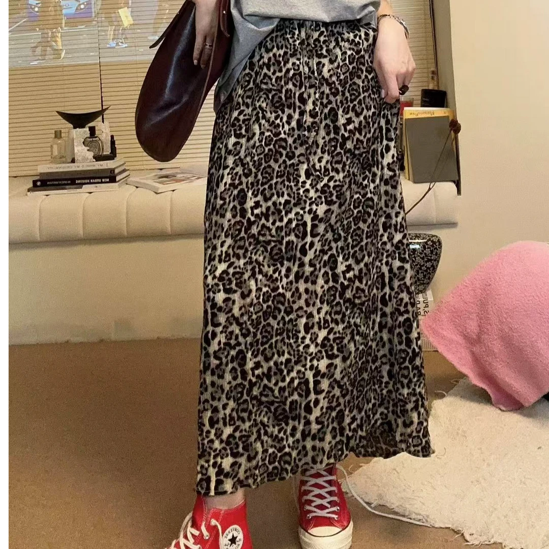 2025夏季新款韩版高级百搭甜酷豹纹垂感显瘦松紧时髦半身裙Q32