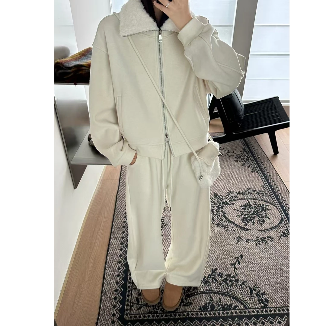 老钱风加绒加厚宽松立领毛毛开衫卫衣外套裤子套装女冬新款慵懒风