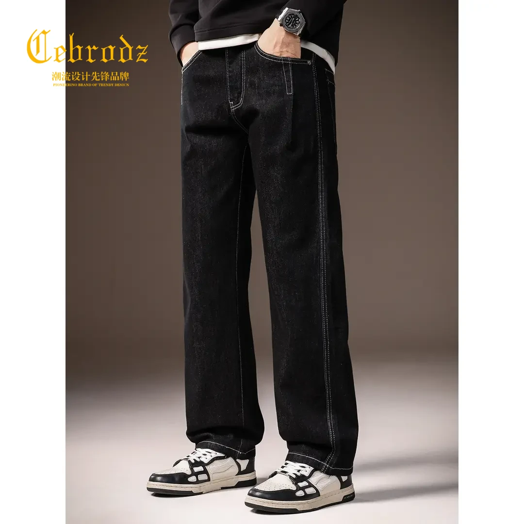 法国Cebrodz高端防褪色简约休闲牛仔裤男秋季宽松直筒黑色复古