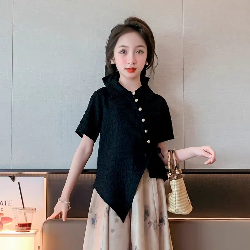 女童斜门襟翻领短袖新中式衬衫不规则上衣A7-3-2