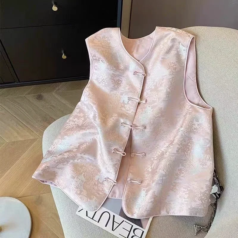 玲姐定制-新中式国风唐装坎肩无袖盘扣提花内衬无口袋马甲130130