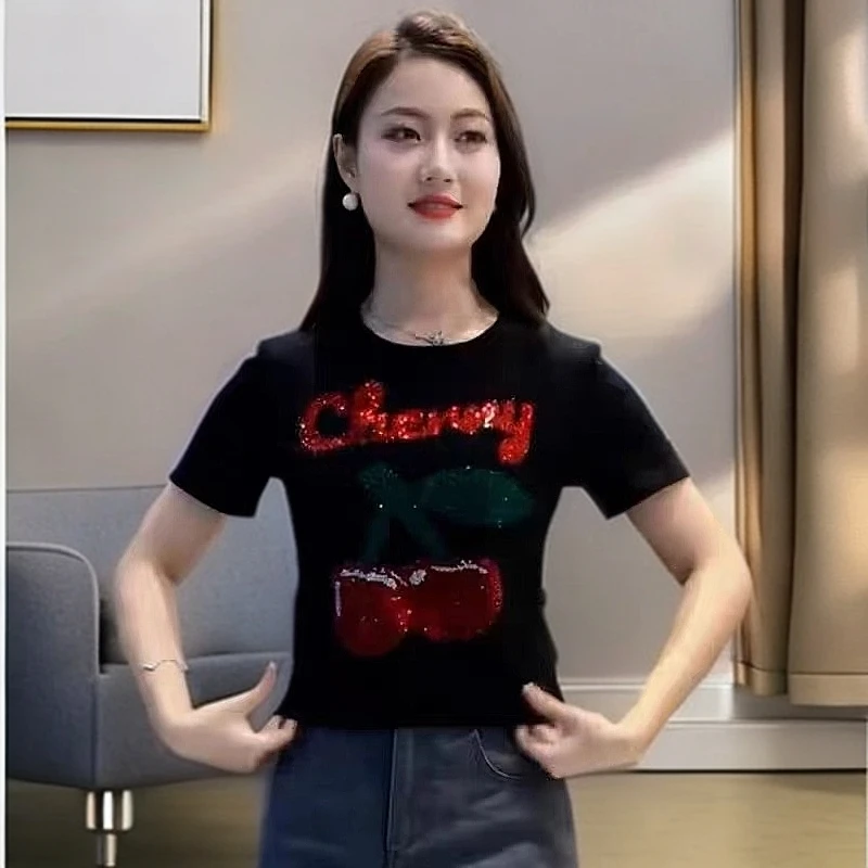 夏季新款设计感时尚樱桃修身女短款气质上衣欧货重工烫钻短袖T恤