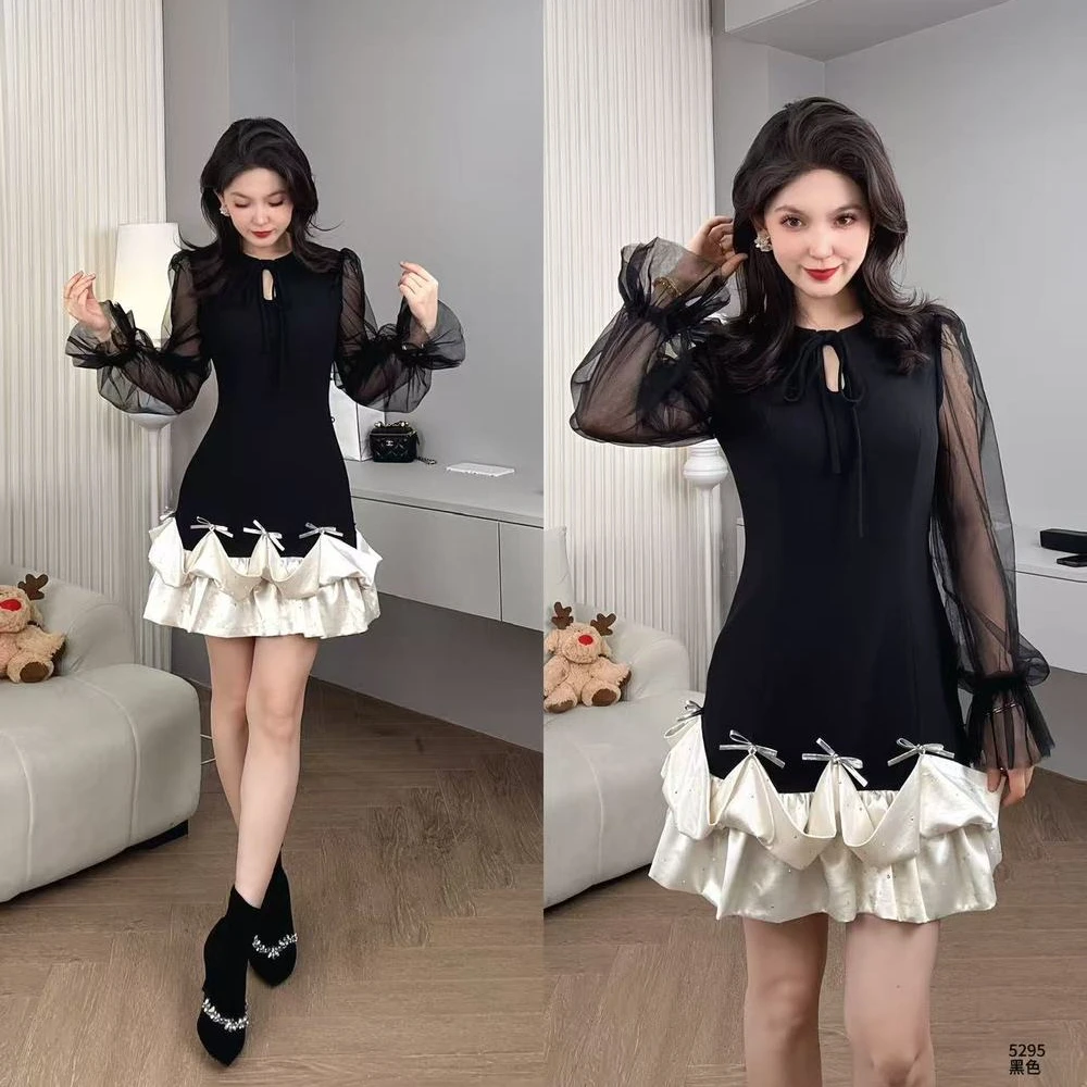 Saeda品牌女装设计感蝴蝶结网纱泡泡袖小礼服裙YF5295